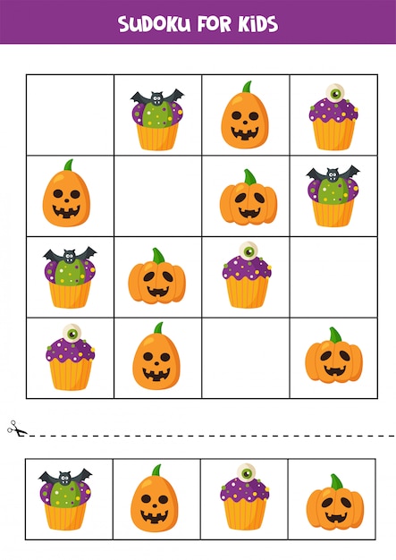 Juego de lógica sudoku con cupcakes y calabazas de halloween.