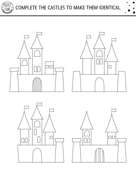 Juego lógico y de dibujo de encontrar diferencias en blanco y negro para niños Actividad educativa de cuento de hadas con castillos Hoja de trabajo imprimible de imagen completa Rompecabezas del reino mágico o página para colorearxA