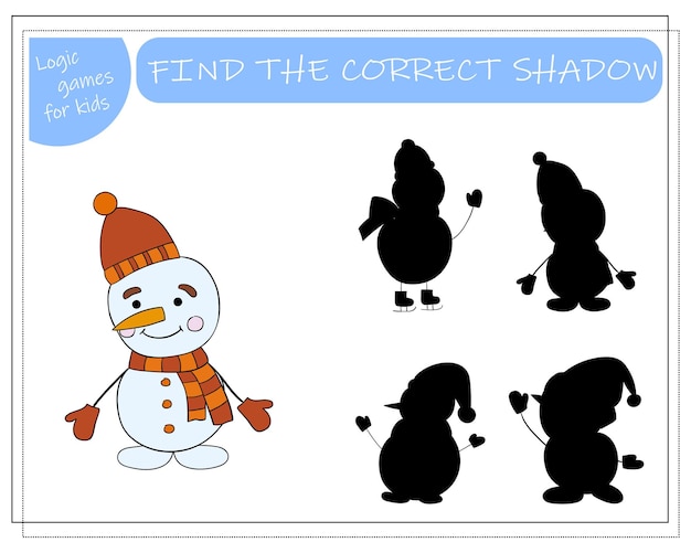 Un juego lógico para niños encuentra la ilustración de vector de muñeco de nieve de sombra correcta