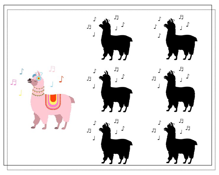 Vector un juego lógico para niños encuentra la sombra correcta una linda llama de dibujos animados está escuchando música vector