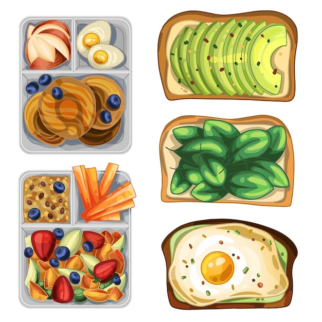Un juego de loncheras y tostadas con un refrigerio saludable, que incluye panqueques, fruta, huevos y gachas de avena