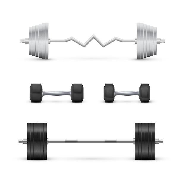 Juego de mancuernas y barras. Equipos de fitness y musculación. Vector