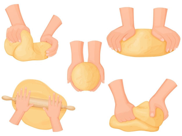 Vector juego de manos para amasar. masa enrollada para hornear, pizza, galletas, galletas, pan.