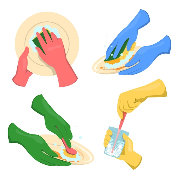 Un juego de manos con guantes de goma lavando platos
