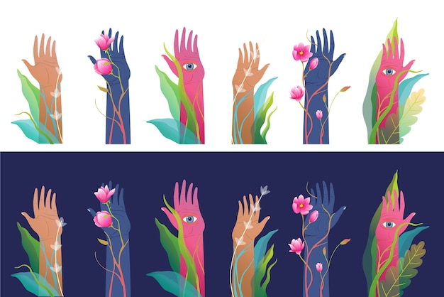Juego de manos levantadas surrealistas misteriosas, imágenes prediseñadas aisladas. Fantasía y misticismo arte dibujado a mano.