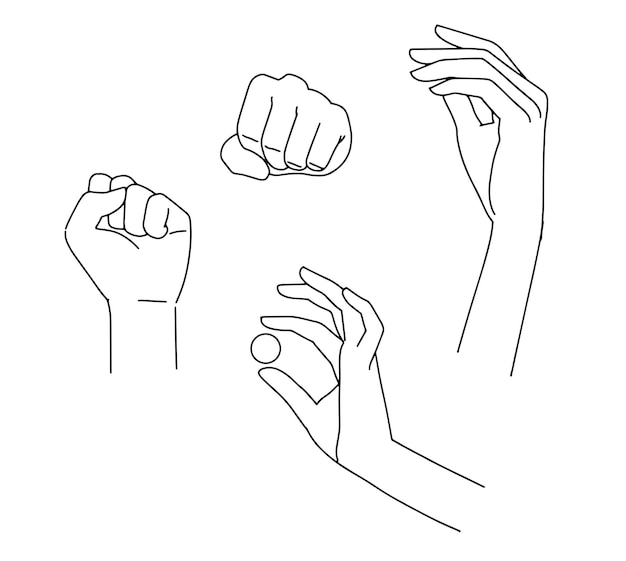 Juego de manos lineales, manos de mujer elegante. Diferentes poses. Sosteniendo un pequeño círculo