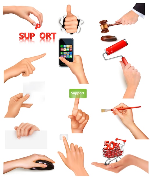 Juego de manos sosteniendo diferentes objetos comerciales Ilustración vectorial