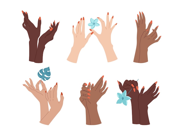 Vector juego de manos de uñas cuidadas femeninas, manicura de demostración, brazos multirraciales con flores. gesto de demostración de manicura. cuidado de la piel plana, diferentes naciones spa belleza de moda