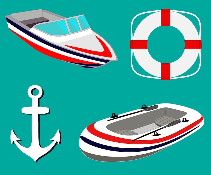 Vector juego de mar con veleros ancla salvavidas bote inflable y bote a motor ilustración vectorial