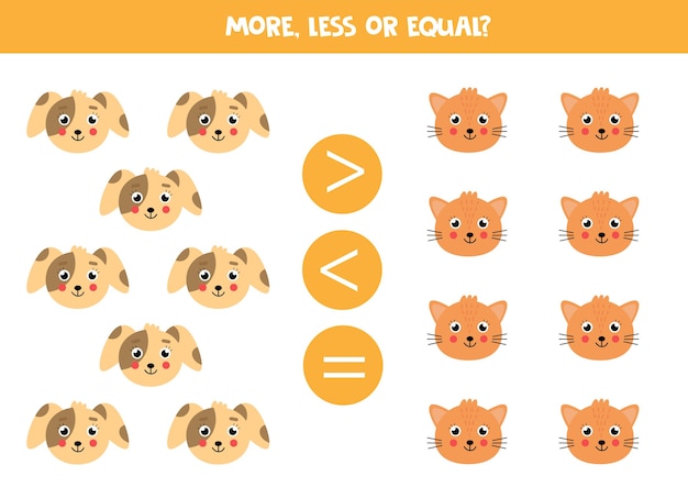 Juego más menor o igual con perros y gatos lindos Juego de matemáticas para niños