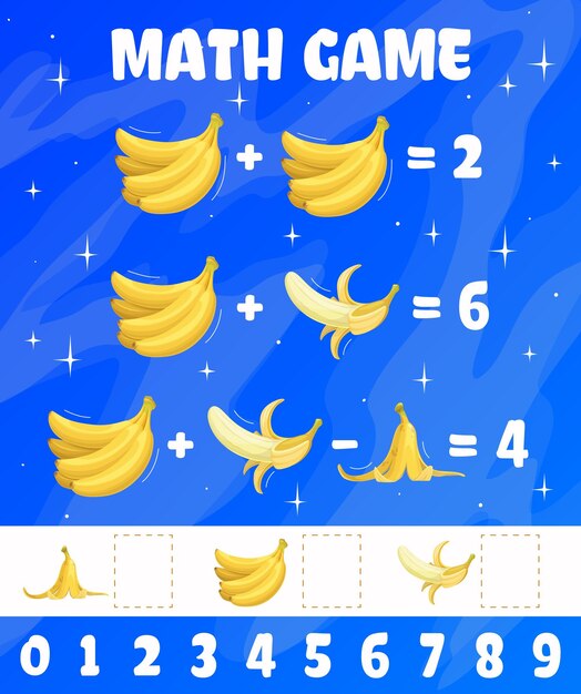 Juego de matemáticas dibujos animados plátano crudo frutas vector acertijo