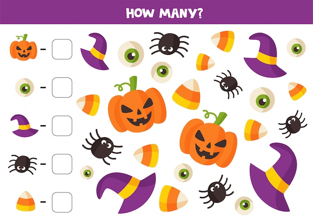 Juego de matemáticas con elementos de Halloween de dibujos animados lindo.