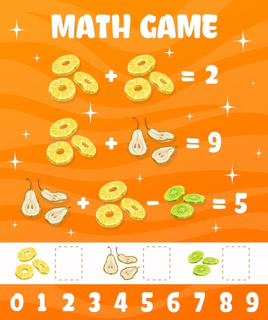 Juego de matemáticas de frutas secas de pera, kiwi y piña.