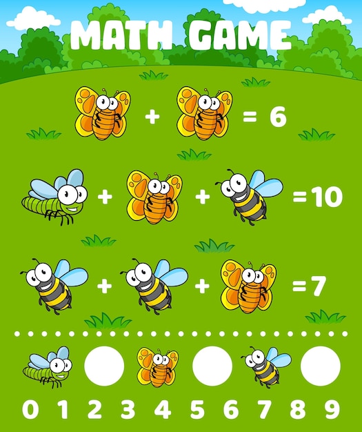 Juego de matemáticas hoja de trabajo dibujos animados abeja y mariposa