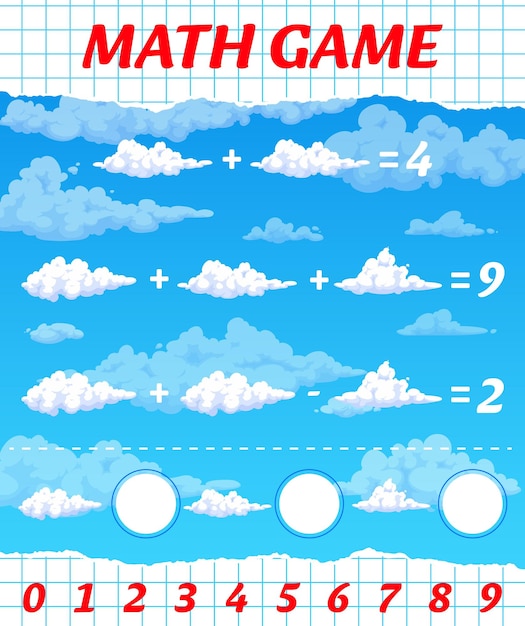 Juego de matemáticas hoja de trabajo dibujos animados nubes blancas esponjosas