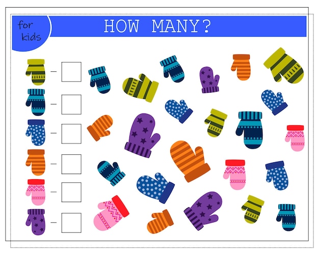 Juego de matemáticas para la hoja de trabajo de los niños cuenta cuántos mitones vectoriales aislados en un fondo blanco