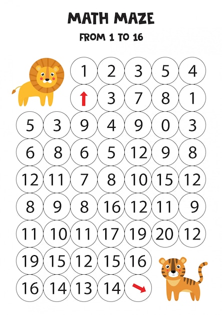 Juego de matemáticas con lindo león y tigre.