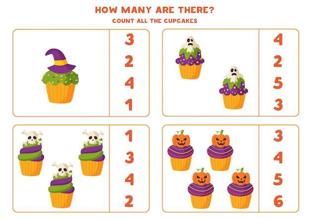 Juego de matemáticas con muffins de halloween de dibujos animados espeluznantes.