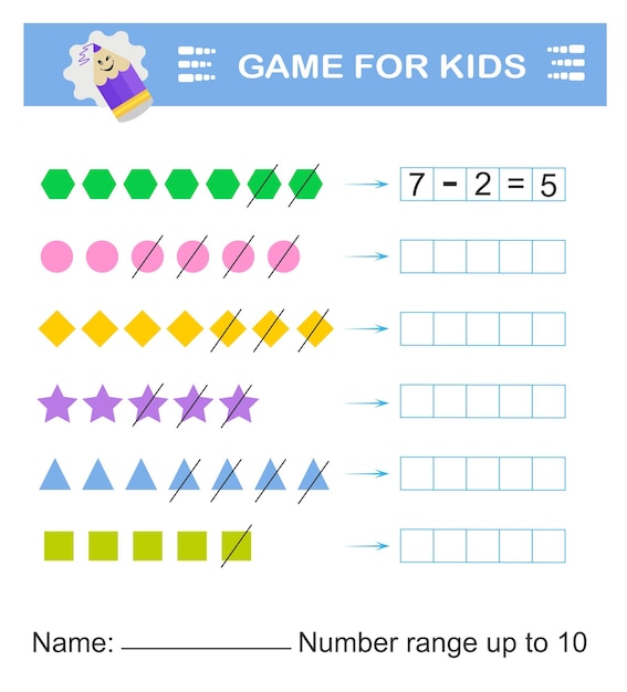 Juego de matemáticas para niños Actividad de hoja de trabajo preescolar Hoja de trabajo imprimible Rango de números hasta 10