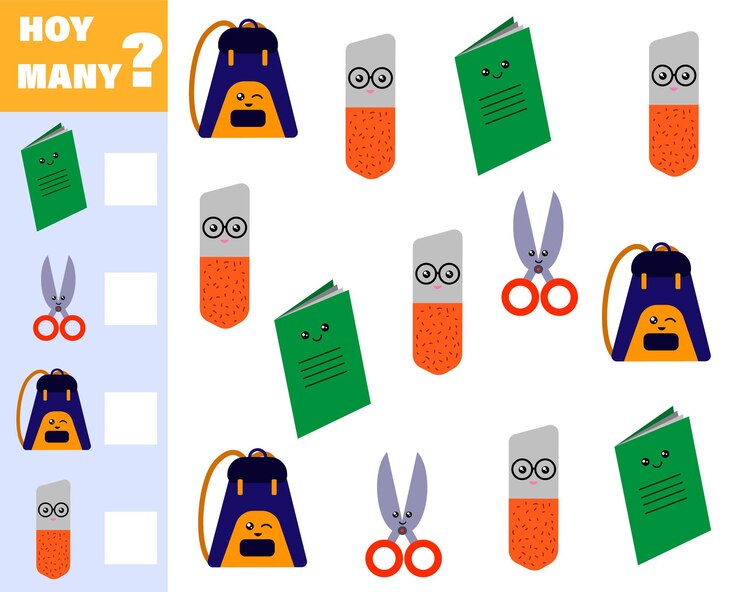 Vector juego de matemáticas para niños cuenta cuántos elementos cuenta cuántos temas escolares de dibujos animados lindo vector