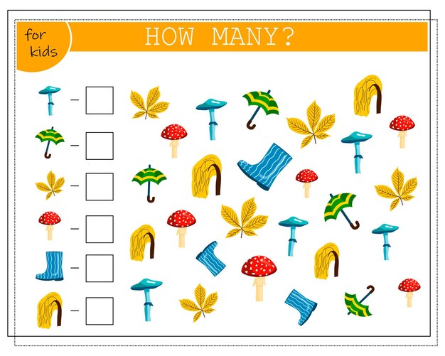 Juego de matemáticas para niños cuenta cuántos paraguas setas hojas botas árboles