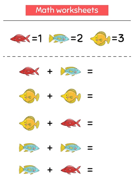 Juego de matemáticas para niños en edad preescolar y escolar addition doodle fish