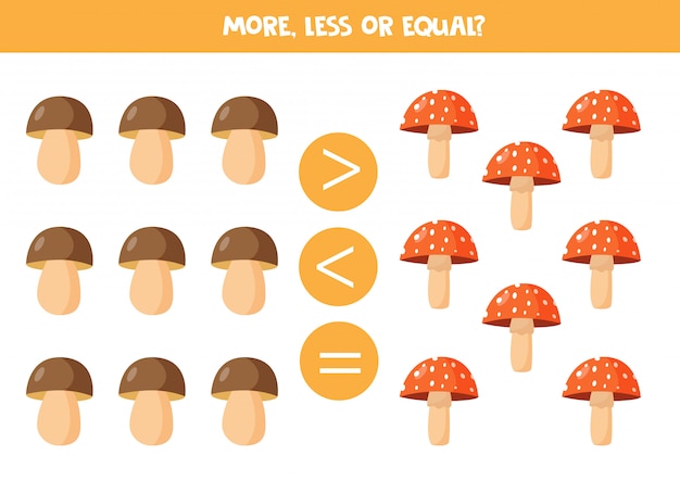 Juego de matemáticas para niños, más, menos o igual con setas del bosque.