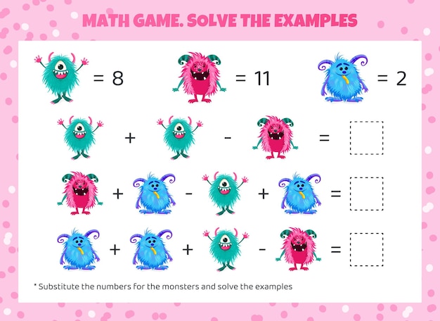 Juego de matemáticas para niños Reemplace los monstruos con números y resuelva los ejemplos Hoja de trabajo matemática