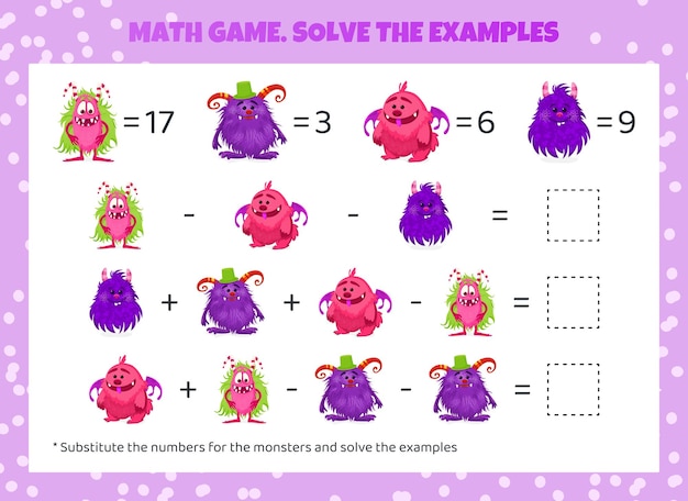 Juego de matemáticas para niños Reemplace los monstruos con números y resuelva los ejemplos Hoja de trabajo matemática