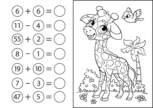 Juego de matemáticas para niños resta y suma de números Libro para colorear con linda jirafa y palma