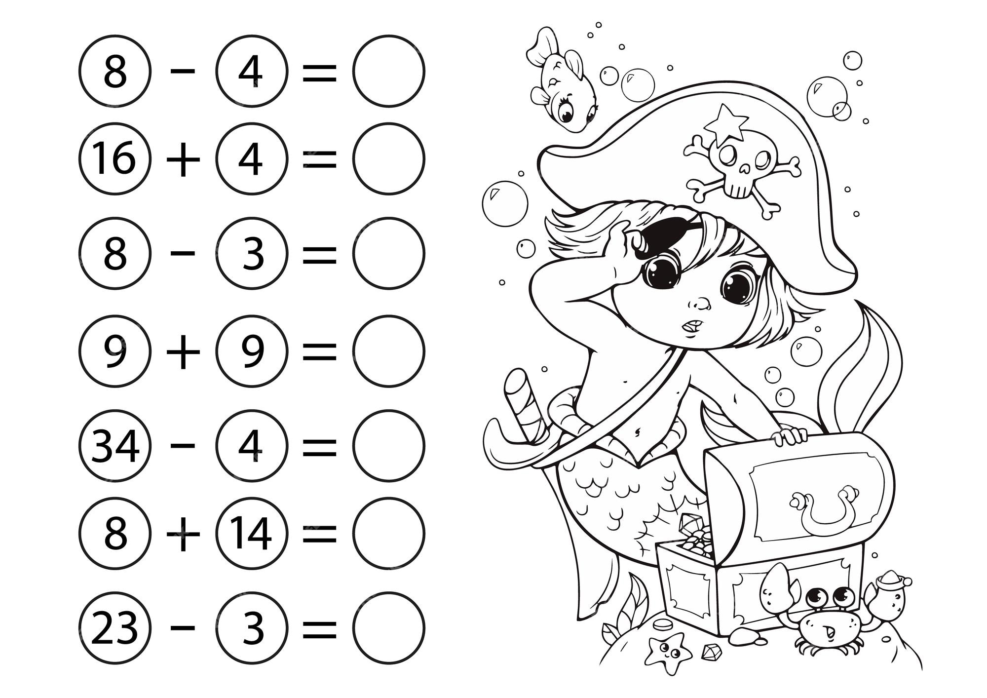 Juego de matemáticas para niños resta y suma de números libro para colorear  con un niño sirena | Vector Premium