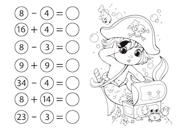 Juego de matemáticas para niños resta y suma de números libro para colorear  con un niño sirena | Vector Premium