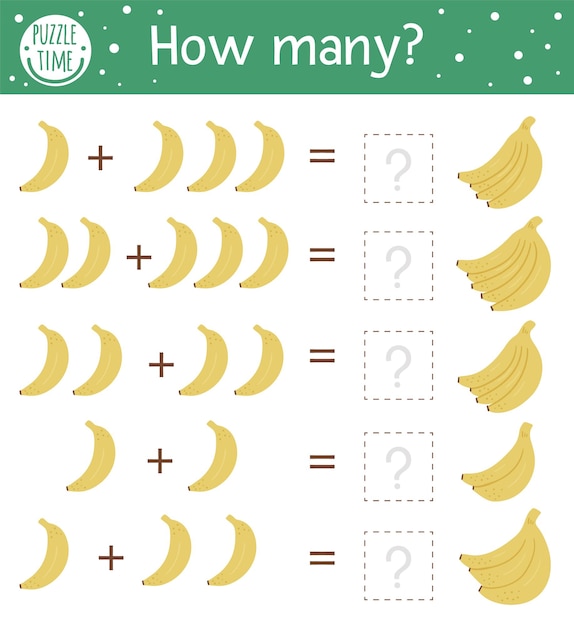 Juego de matemáticas con plátanos. Actividad matemática tropical para niños en edad preescolar. Hoja de trabajo de conteo de la selva. Acertijo de adición educativa con lindos elementos divertidos.