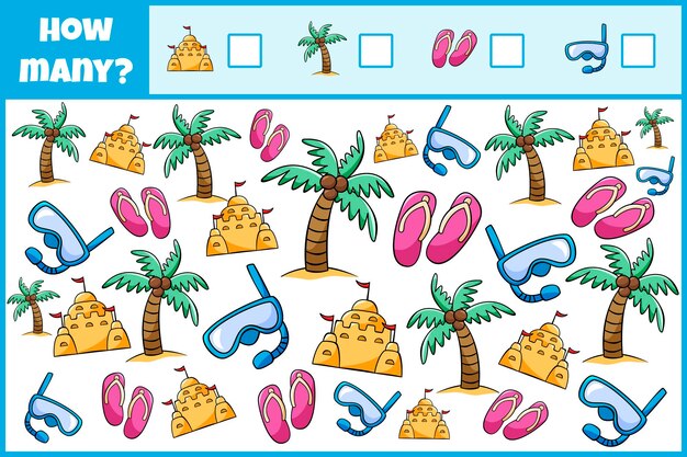 Juego matemático educativo Contar el número de accesorios de playa Contar cuántos accesorios de playa Juego de contar para niños