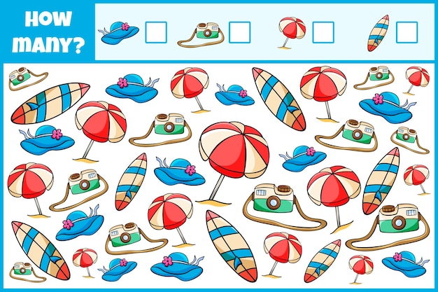 Juego matemático educativo Contar el número de accesorios de playa Contar cuántos accesorios de playa Juego de contar para niños