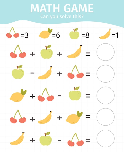 juego matemático para niños. suma y resta estudiando, matemáticas contando ecuaciones