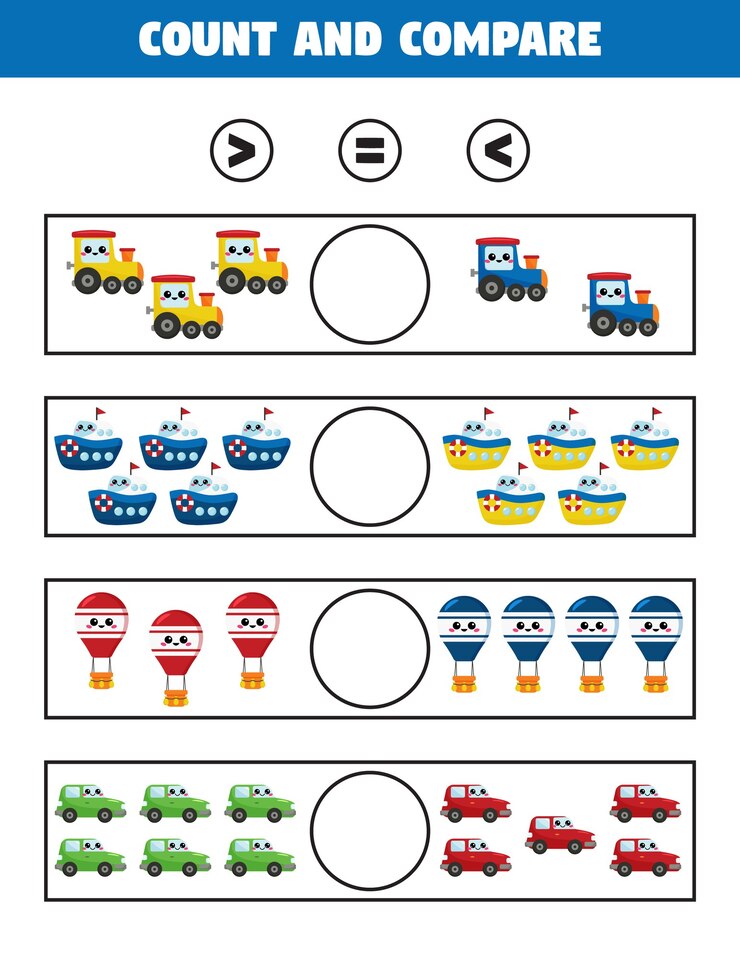 Vector juego mayor o menor que para niños. cuente y compare. hoja de trabajo educativa imprimible.