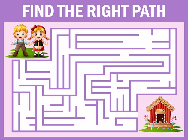 El juego maze encuentra el camino de hansel y gretel a la casa de los dulces.