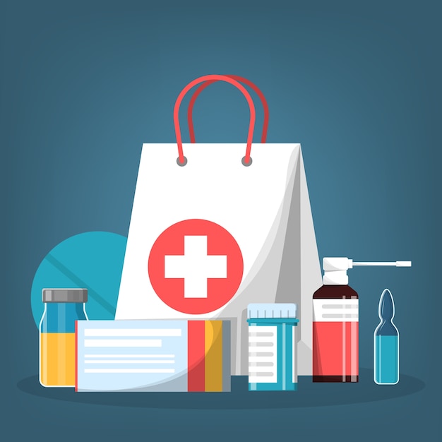 Juego de medicación. Colección de medicamentos de farmacia en botella