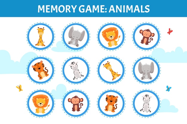 Juego de memoria con animales Jugando a las cartas con animales africanos Encuentra dos imágenes idénticas