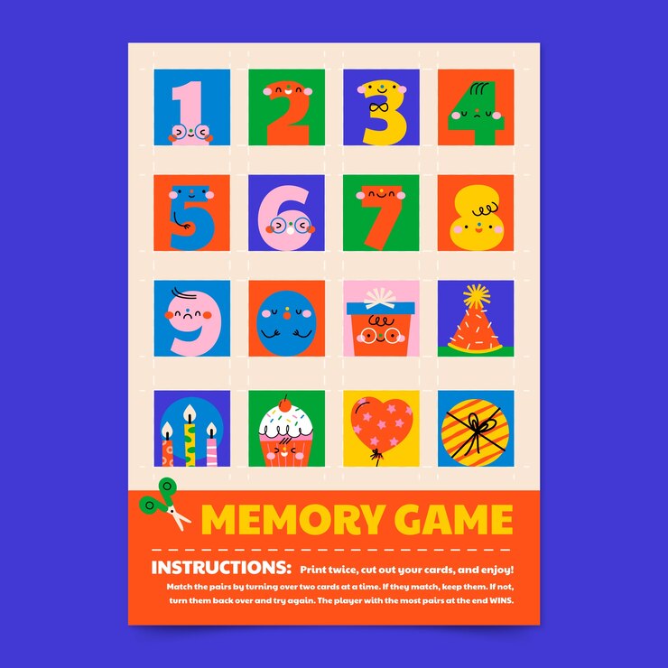 Vector juego de memoria colorido para niños con números e ilustraciones