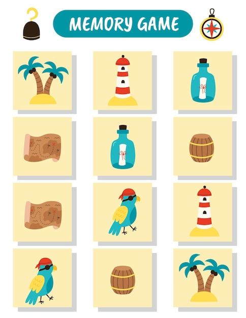 Juego de memoria educativo para niños tarjetas vectoriales con lindos elementos piratas
