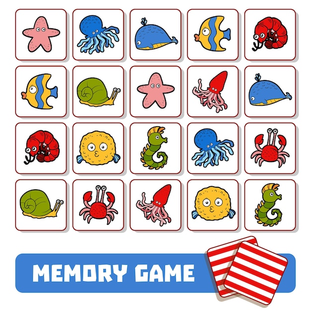 Vector juego de memoria para niños en edad preescolar, tarjetas vectoriales con animales marinos.