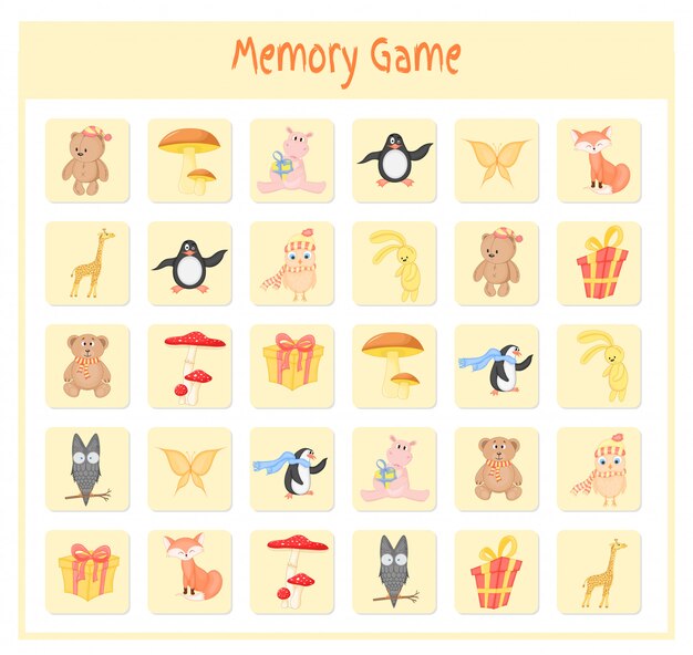 Juego de memoria para niños, gráficos vectoriales de mapas de animales
