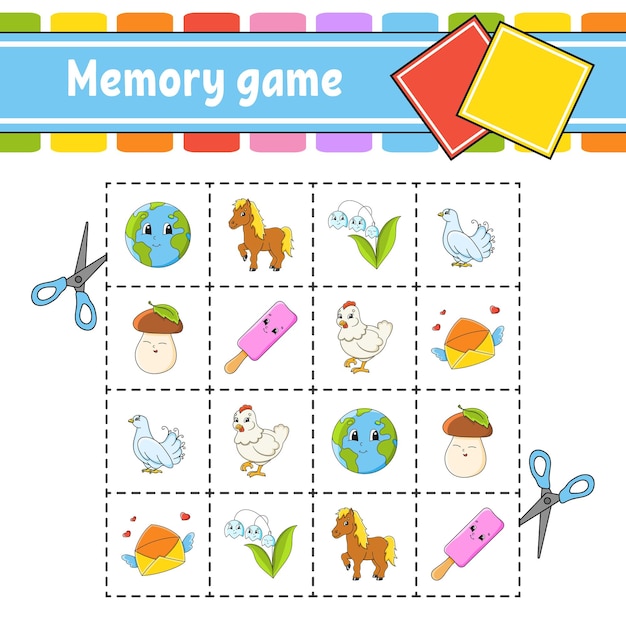 Juego de memoria para niños Hoja de trabajo de desarrollo educativo Página de actividad con imágenes Juego de rompecabezas para niños Entrenamiento de pensamiento lógico Estilo de dibujos animados de personajes divertidos Ilustración vectorial