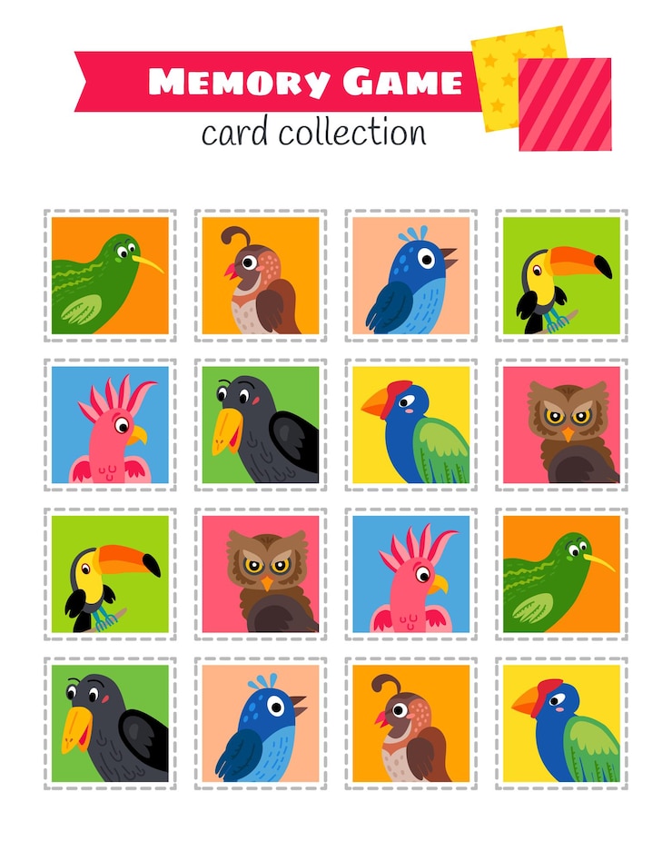 Vector juego de memoria con pájaros de dibujos animados. colección de aprendizaje para niños.