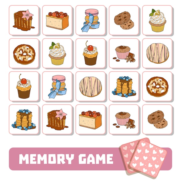 Juego de memoria de vector para niños, tarjetas con dulces y pasteles