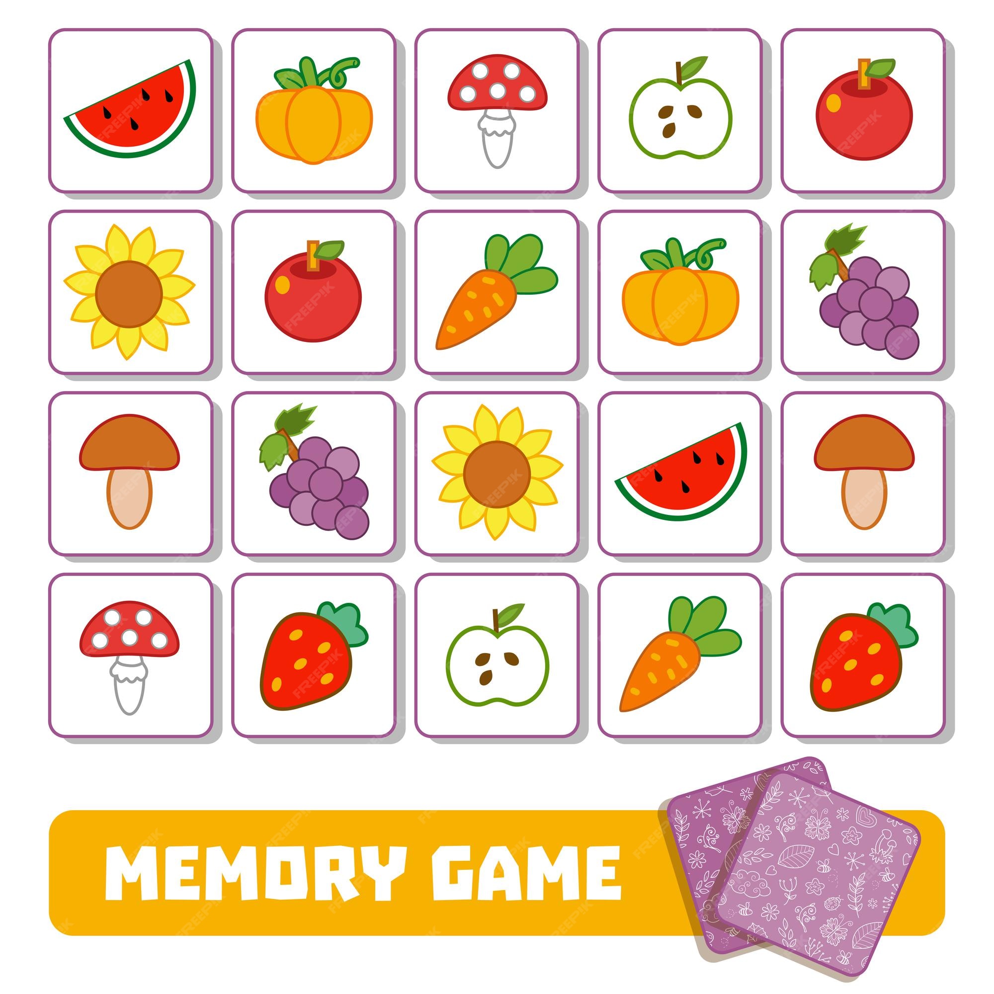 de memoria de vector para niños, tarjetas con frutas y verduras | Vector Premium