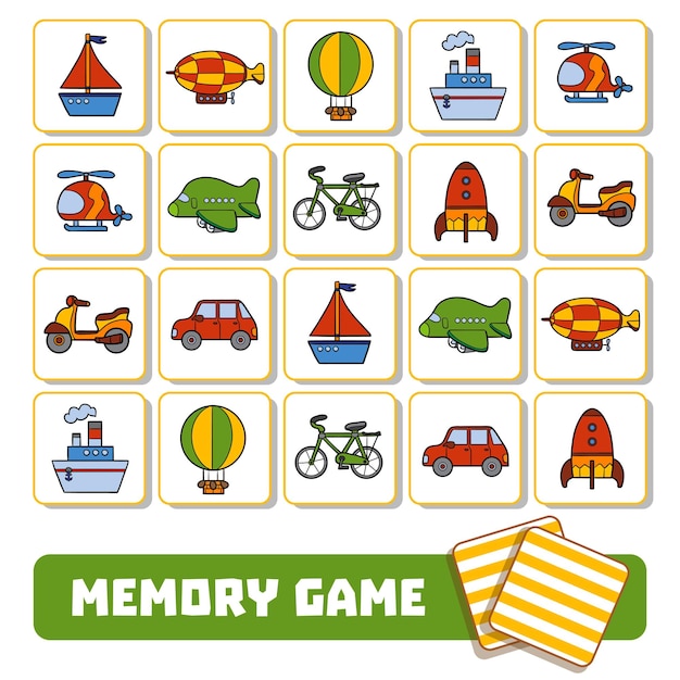 Juego de memoria vectorial para niños, tarjetas con objetos de transporte.