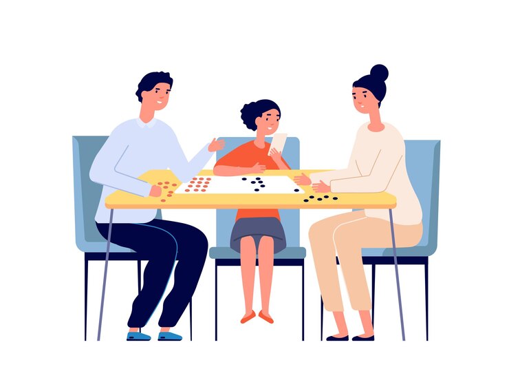 Vector juego de mesa familiar. gente jugando, mujer niña hombre jugando en el escritorio. padres felices, ilustración de vector de jugador de póquer de mesa de inicio. padres con pasatiempo de unión hija